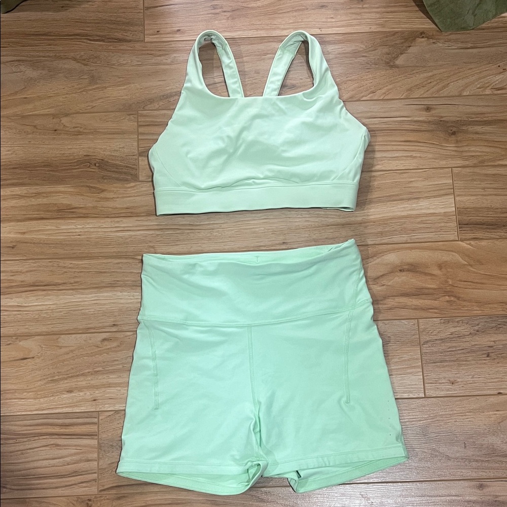 Athleta Mint Tint/Bright Green Sports Bra and Biker Shorts Set